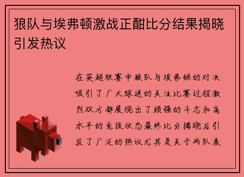 狼队与埃弗顿激战正酣比分结果揭晓引发热议